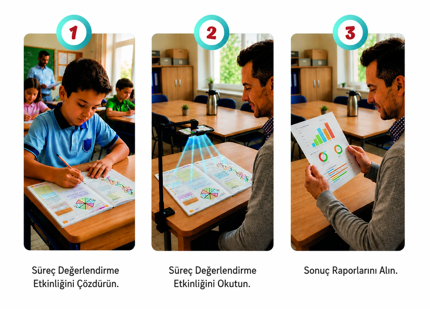 İlkokul kullanımı: 1) Süreç değerlendirme etkinliğini çözdürün 2) Etkinliği okutun 3) Sonuç raporlarını alın